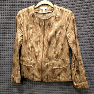 Linen Metallic Gold Zip Jacket SzSm 80s 90s Y2K Glam Rock Statement Retro Baddie